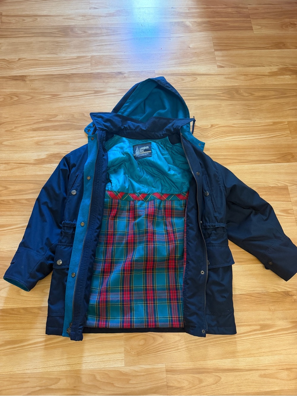 Vintage London Fog Navy Hooded Parka Jacket Plaid Lined Thinsulate Petite